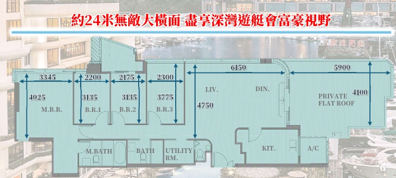 四房間隔平面，客飯廳橫向鋪排，附私人平台